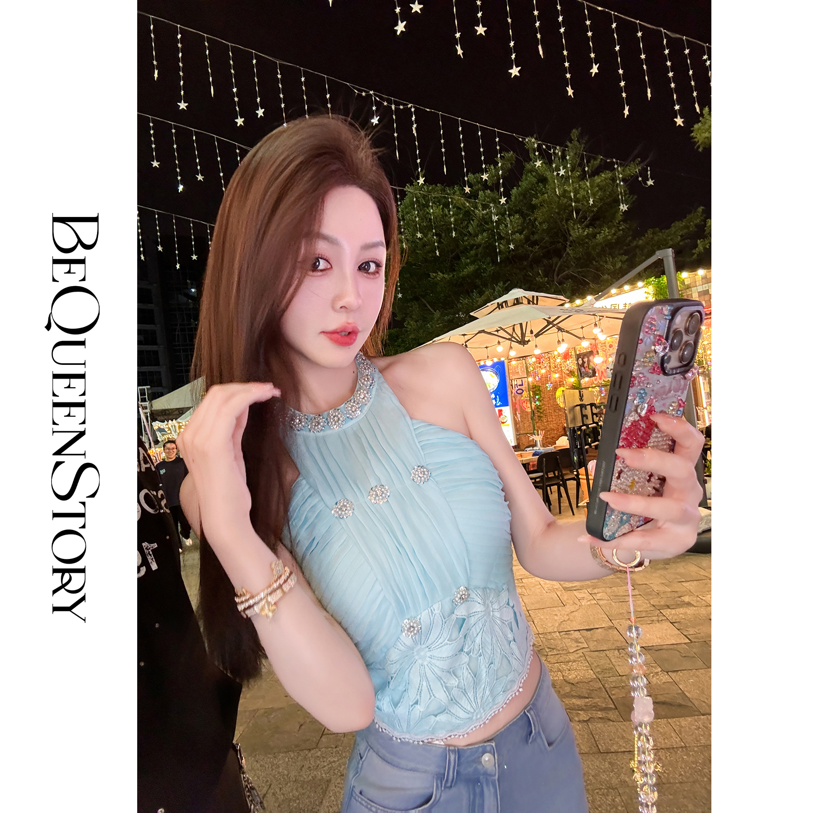 余潇潇【静谧天鹅湖】时尚修身挂脖上衣&重工蕾丝A字吊带裙女