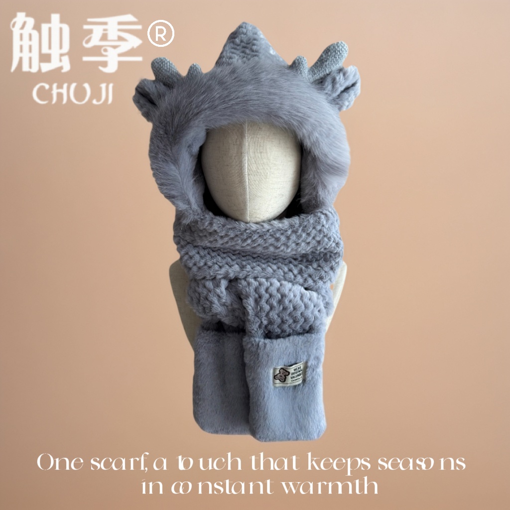 触季毛绒冬天条纹防寒保暖护耳三件套双层加厚围巾手套一体帽加绒