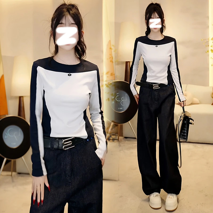 圆领撞色拼接长袖t恤女2025秋款G洋气减龄女装宽松薄款显瘦上衣