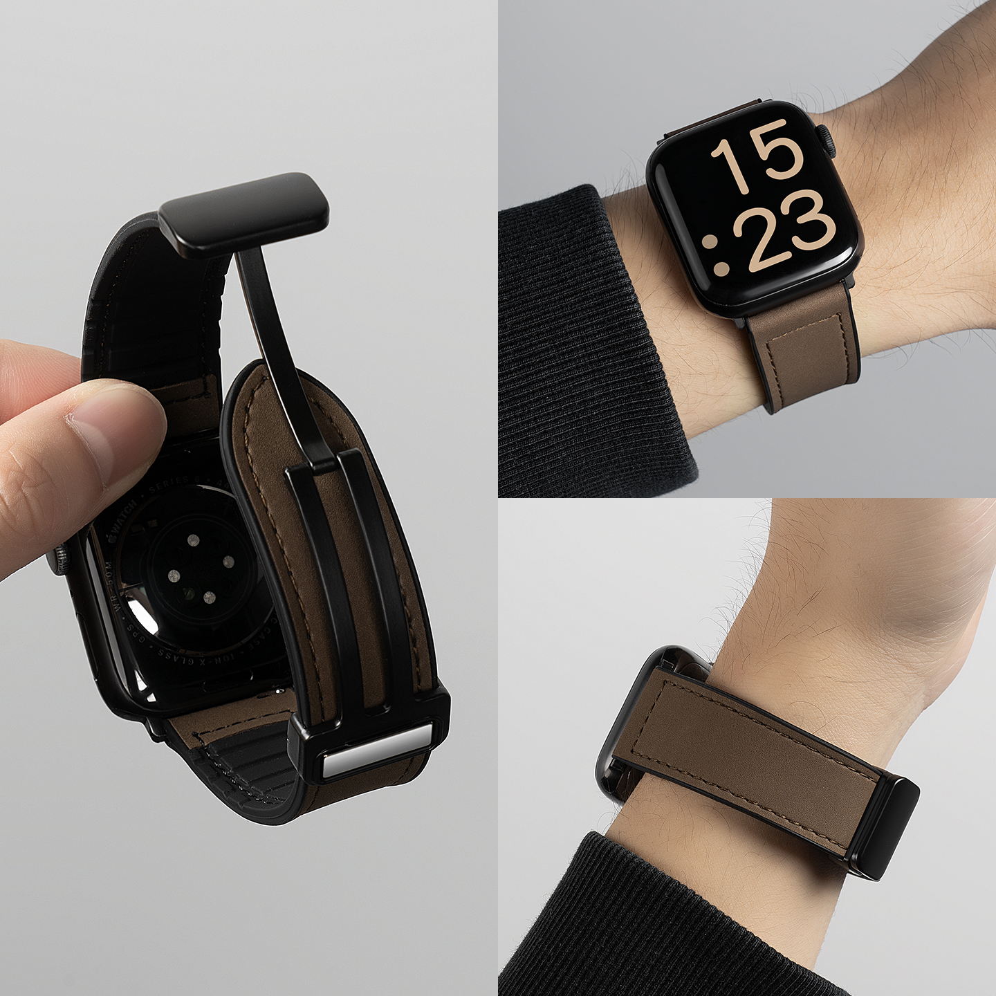 适用苹果S10表带男iwatch9手表applewatch8疯马纹真皮Se7透气新款