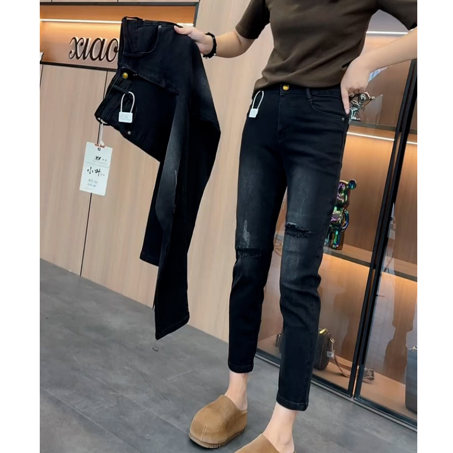 秋冬黑灰假破洞直筒牛仔裤女大码胖mm修身弹力显瘦加绒九分烟管裤