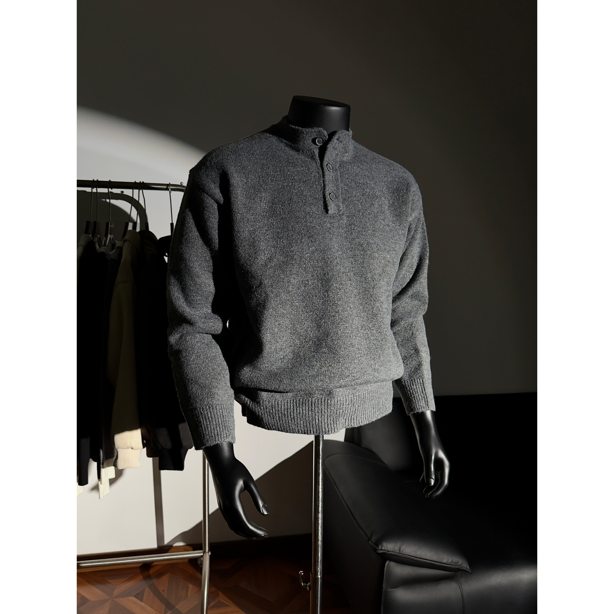 VINCENT冬季亨利领复古高级感内搭毛衣男士慵懒风立领长袖针织