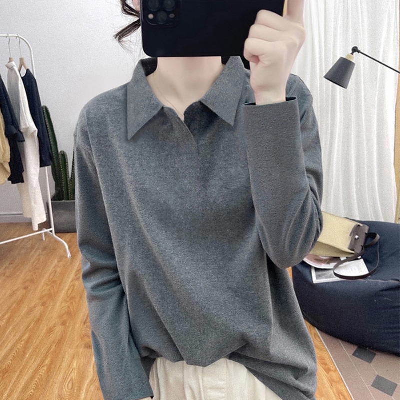 欧货翻领长袖T恤女内搭秋冬春宽松复古上衣正肩polo衫体恤打底衫