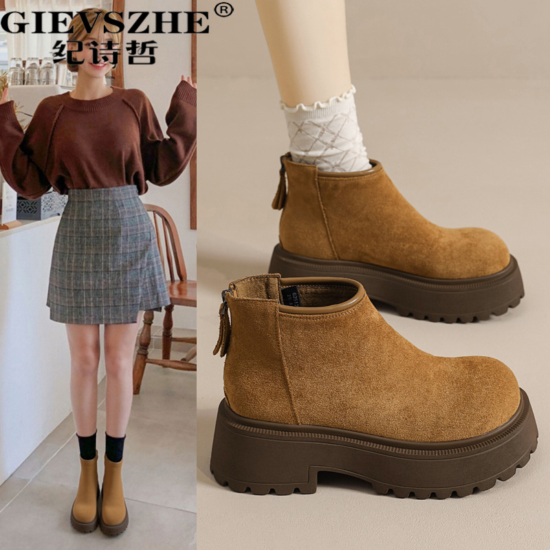 纪诗哲厚底显高中帮马丁靴女秋冬季新款冬季英白色真皮雪地马丁靴