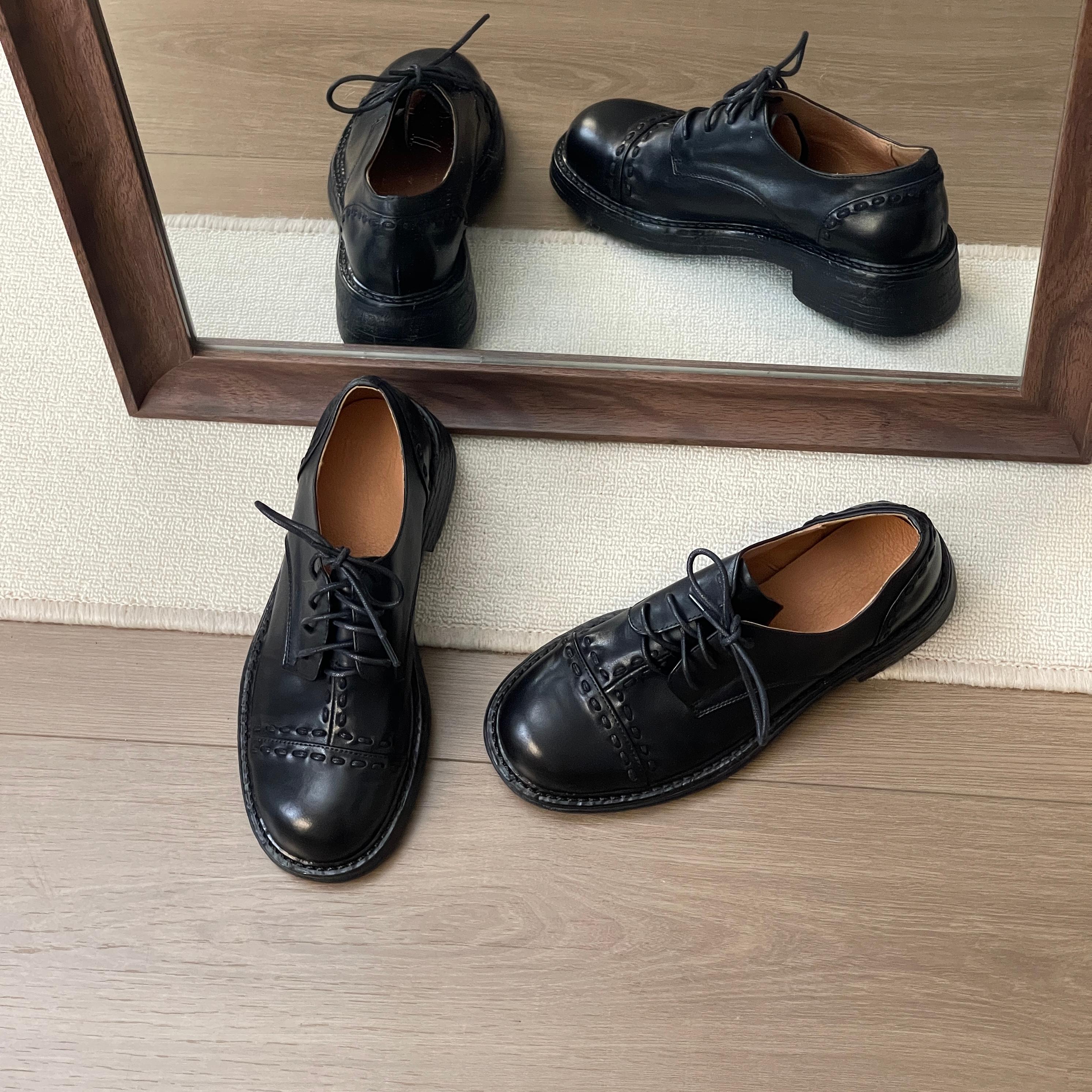 HUSSLOVE 头层牛皮·跟高4CM·百搭复古学院风系带英伦牛津小皮鞋