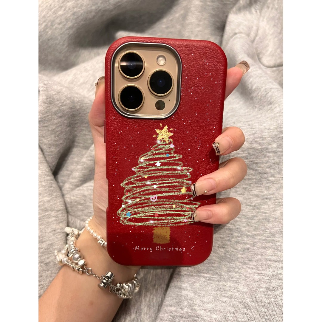 满天星圣诞树适用iPhone17/16/15pro荔枝纹14金属框手机壳13/12潮