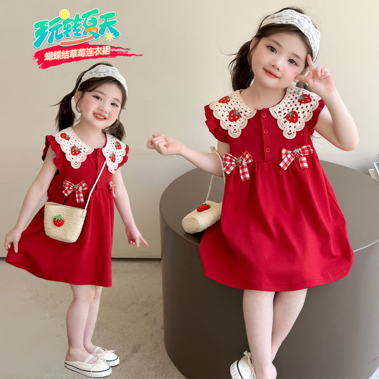 女童连衣裙2025新款可爱小女孩夏季薄款儿童裙子女宝宝红色草莓裙