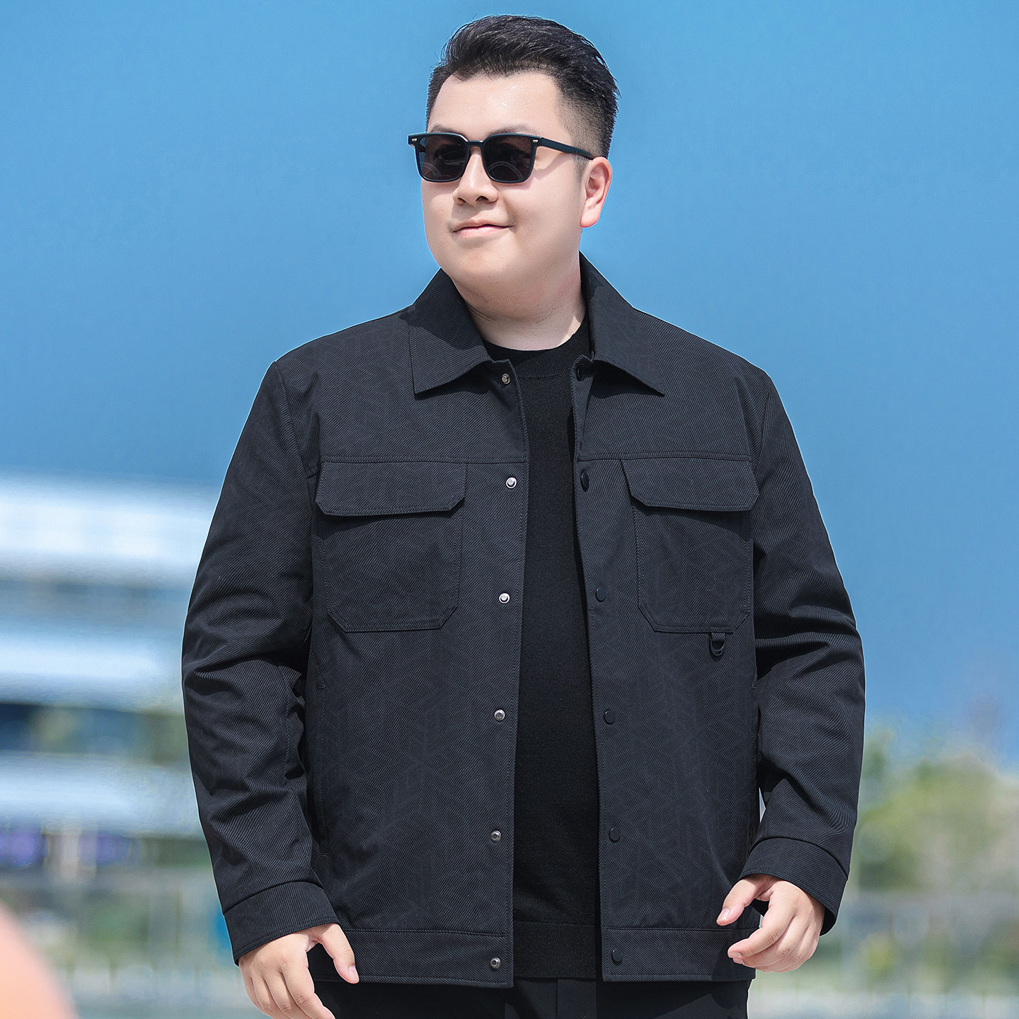 时尚提花秋季加肥加大男士翻领夹克多口袋工装外套胖子百搭男上衣