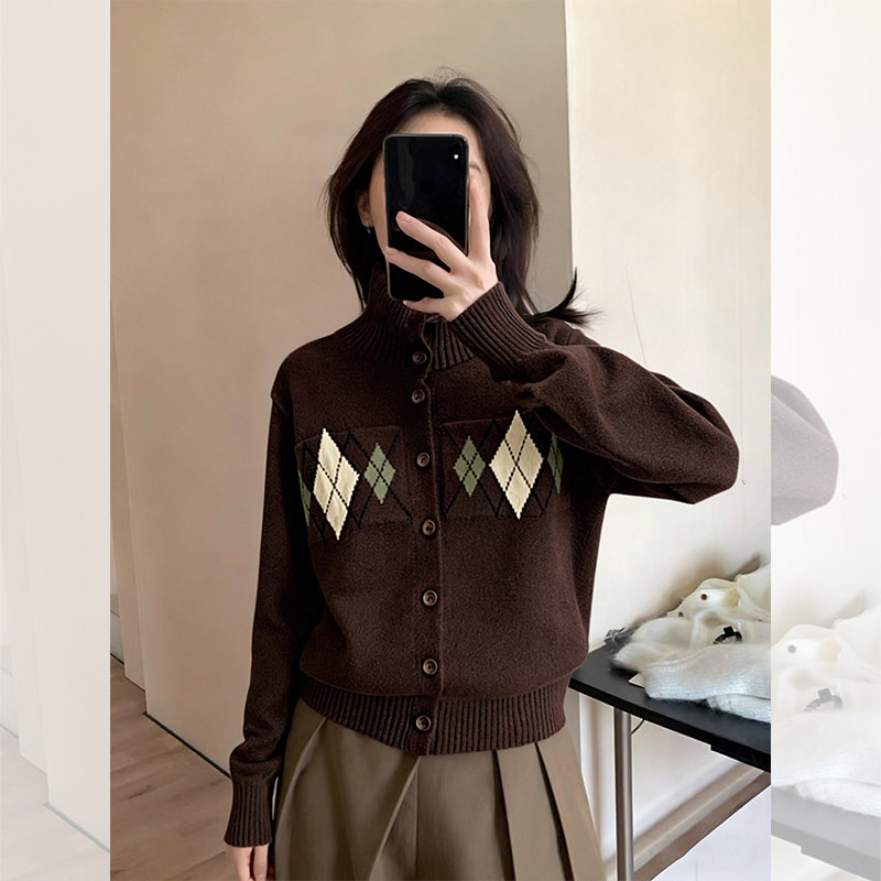 冬季穿搭棕色菱格提花高领针织开衫休闲外穿毛衣外套上衣女装新款