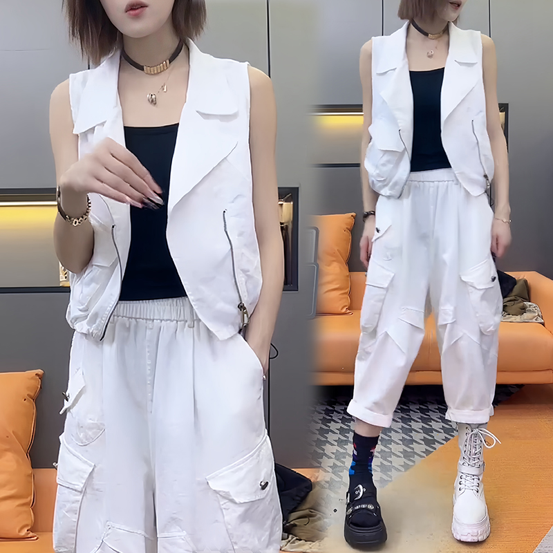 网红休闲时尚套装女2025夏季新款宽松无袖马甲外套哈伦裤子两件套