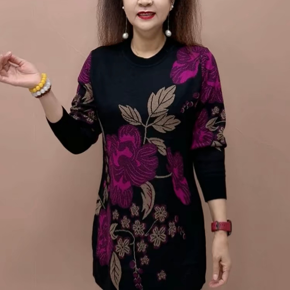 秋季时尚洋气潮流圆领中长款针织裙显瘦妈妈遮肉休闲宽松百搭毛衣