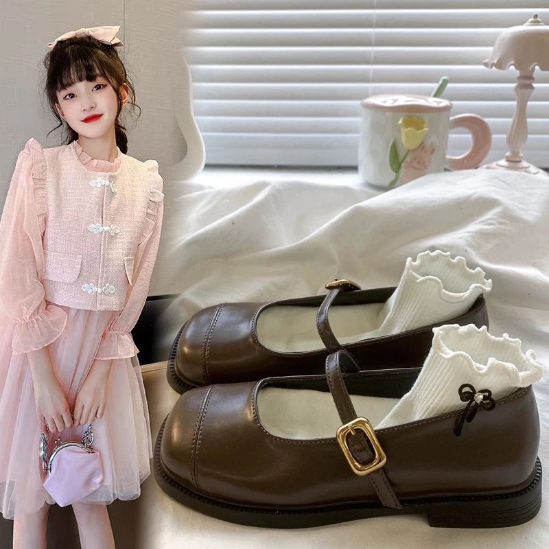 女大童法式玛丽珍小皮鞋中大童女复古学生平底公主鞋配裙子jk单鞋