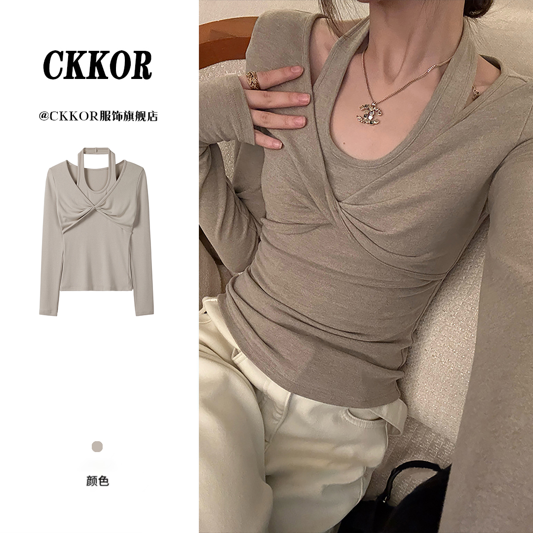 CKKOR秋冬百搭休闲简约保暖上装美式辣妹挂脖假两件打底衫女内搭
