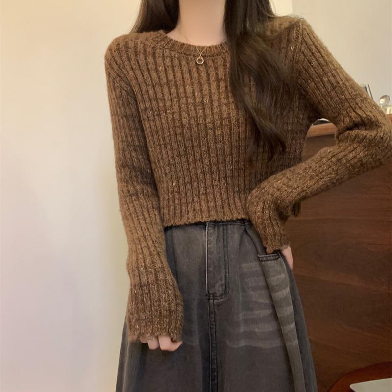 咖啡色短款针织毛衣女秋冬季美拉德修身内搭打底衫小个子正肩上衣