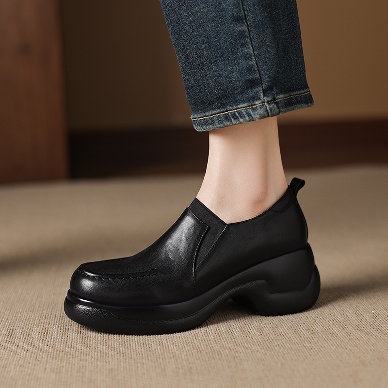 黑色秋季圆头单鞋不累脚坡跟高跟鞋真皮复古休闲厚底一脚蹬小皮鞋