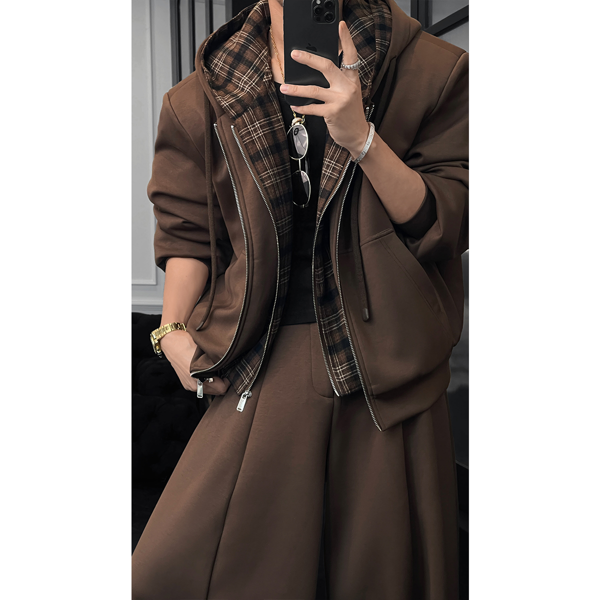 龙叨叨冬季新品美式复古格纹拼接设计款加厚保暖羽绒卫衣卫裤套装