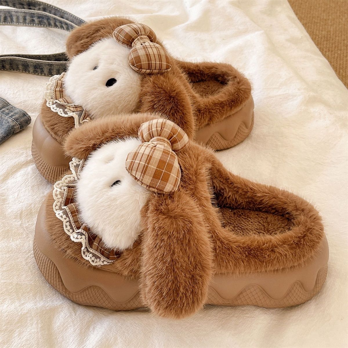 可爱大耳狗狗棉拖鞋女2025冬新款厚底防滑室内家居保暖毛毛拖鞋LH