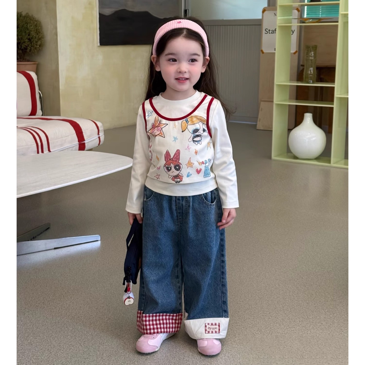 2025秋季女童韩版假两件T恤牛仔裤两件套秋季童装儿童洋气百搭潮