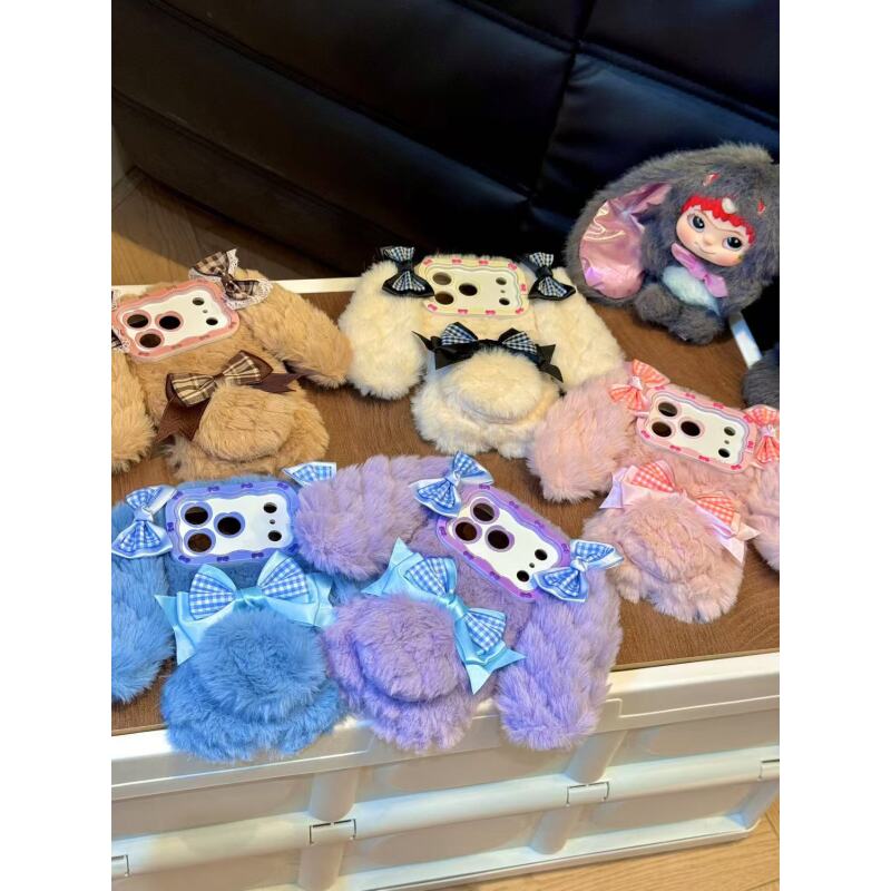 甜美可爱毛绒格纹蝴蝶结长耳兔适用iphone17promax苹果16手机壳15