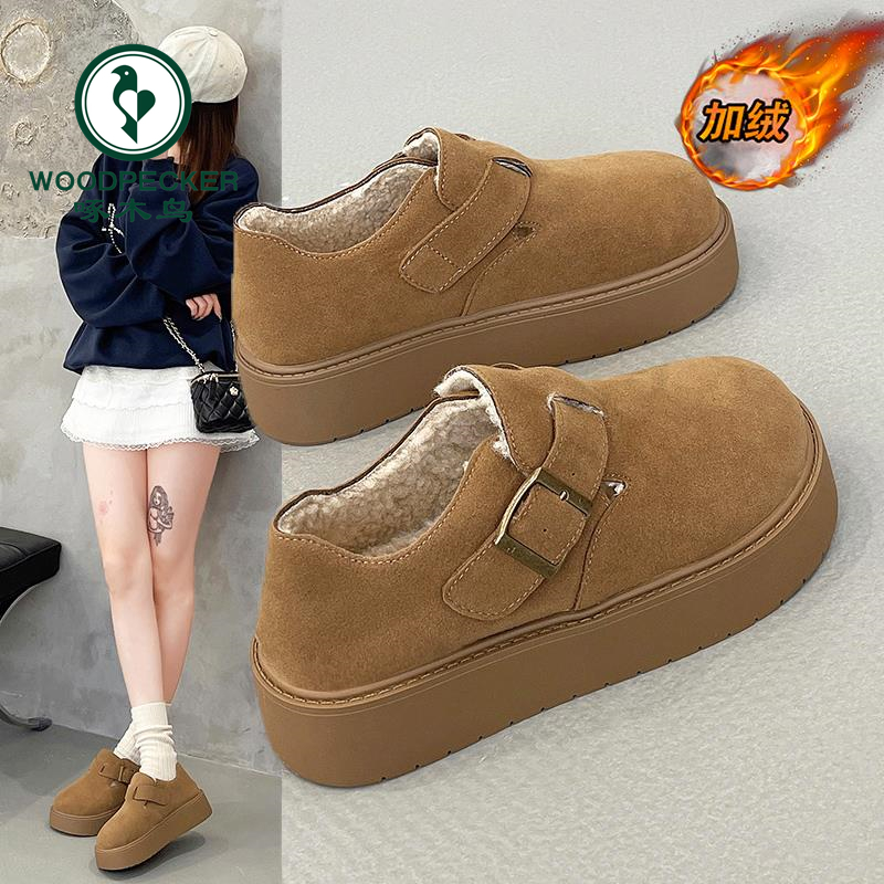 啄木鸟厚底加绒勃肯鞋女2025新款秋冬季百搭一脚蹬乐福鞋保暖棉鞋