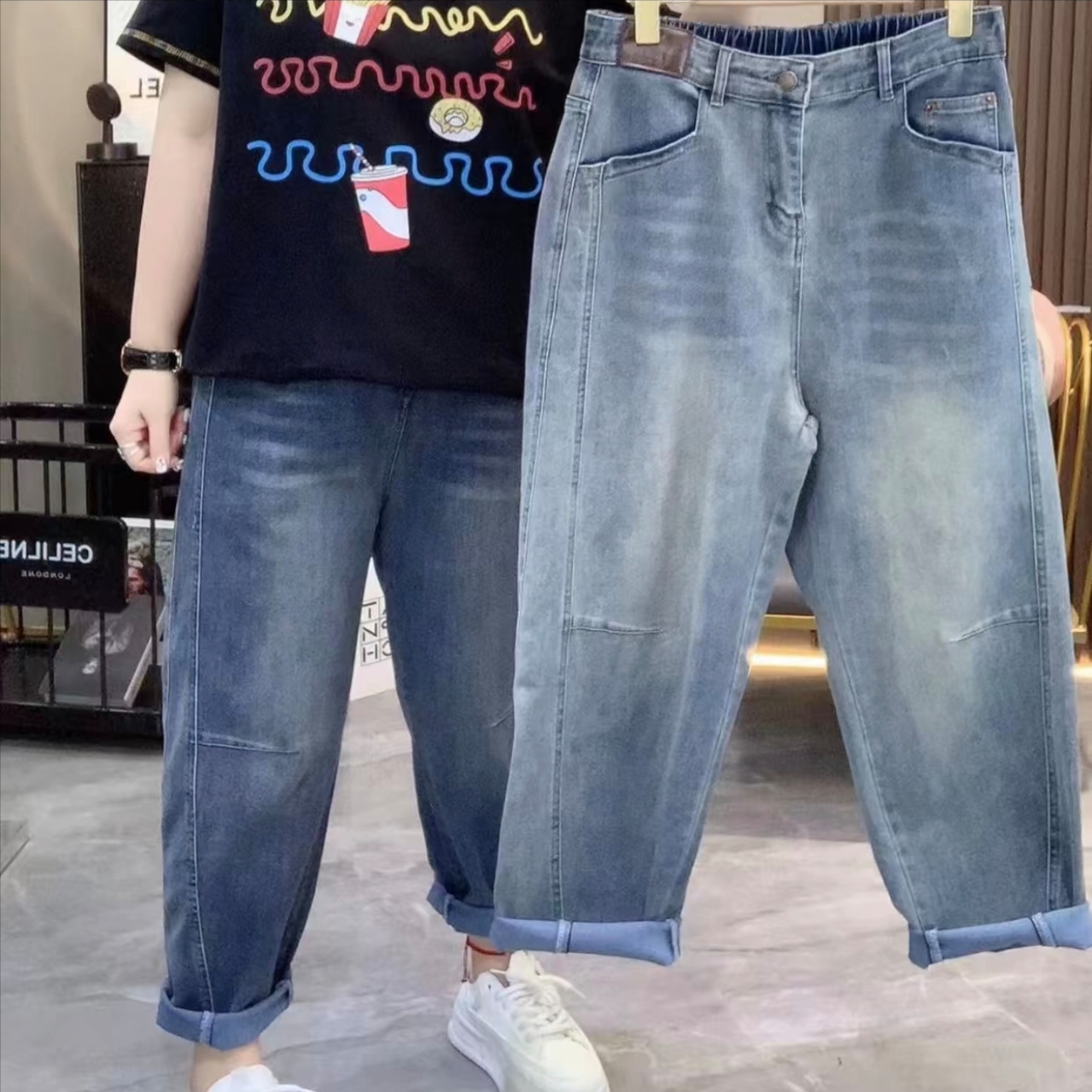 大码秋款咖标高弹弯刀老爹牛仔裤复古洗水设计显瘦百搭55001