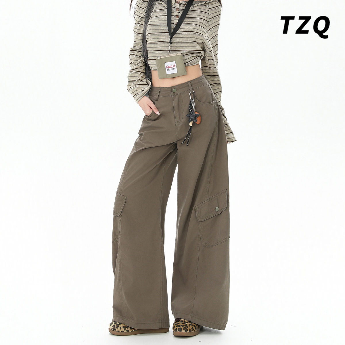 美式军绿色阔腿工装裤女款爆款2025秋季高腰宽松显瘦直筒牛仔裤子