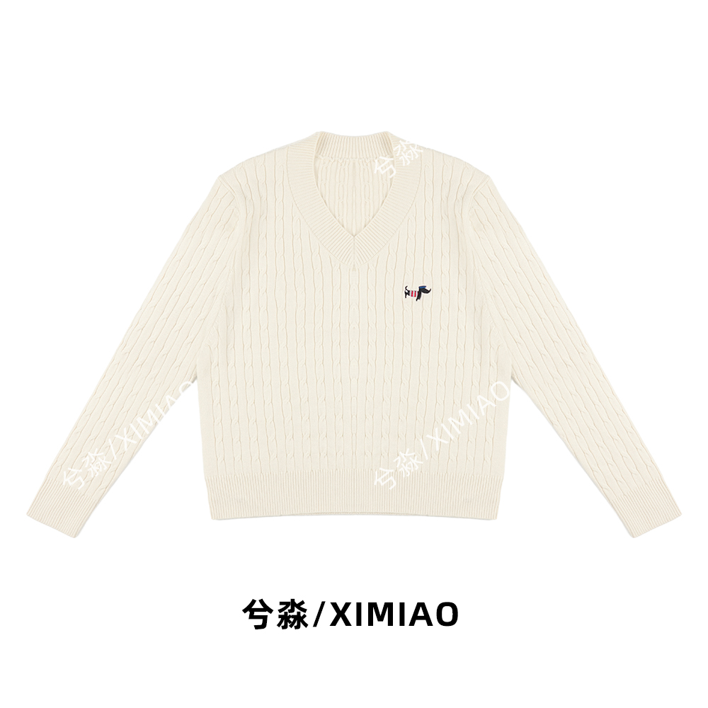 长袖刺绣针织熊花纹V领毛针织衫打底百搭cleanfit风