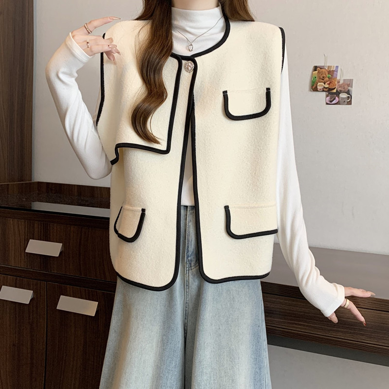 高级感小香风拼色毛呢马甲背心外套女秋冬款宽松胖mm无袖开衫上衣
