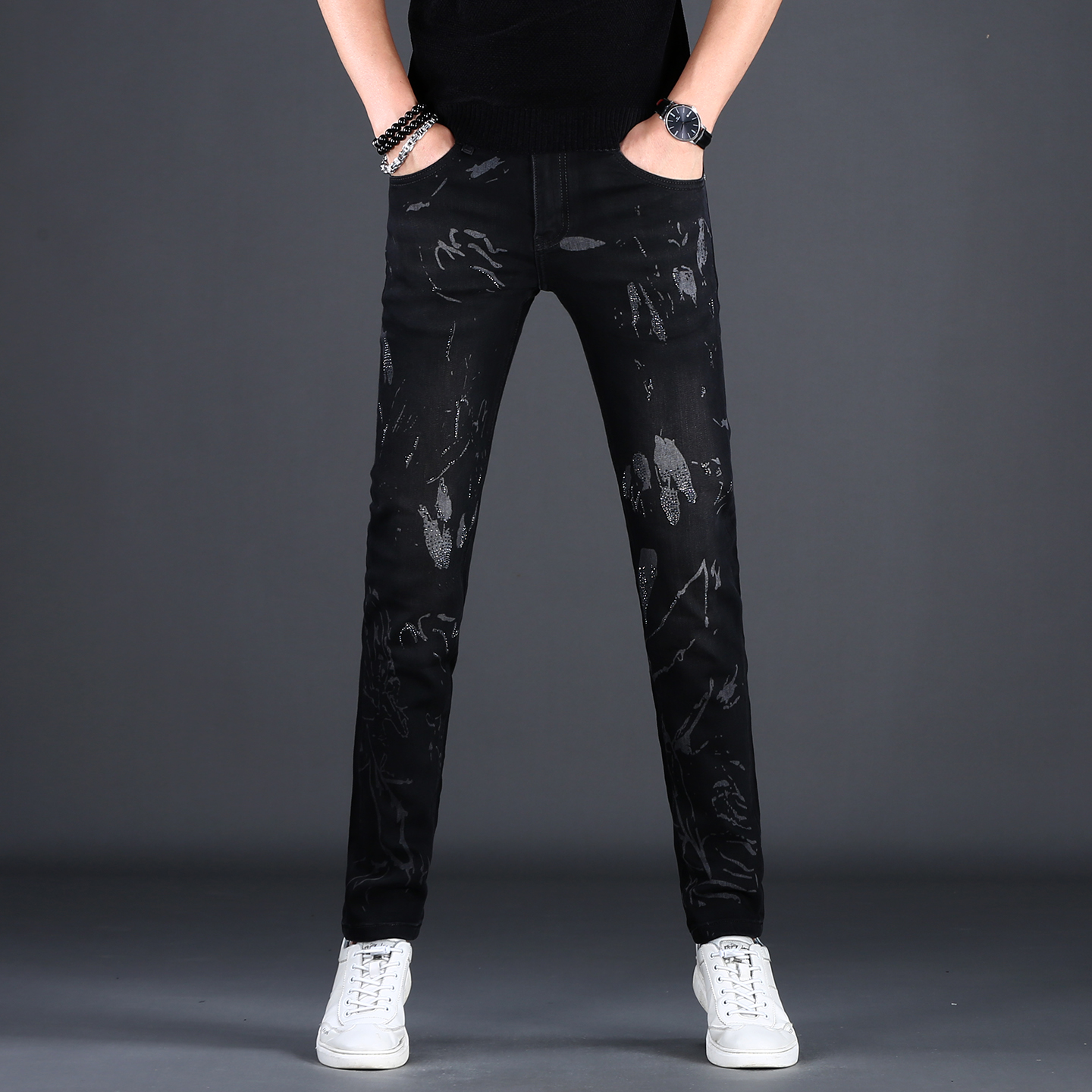 牛仔裤男款爆款2025新款高档扎染烫钻百搭修身小脚裤弹力潮牌男裤