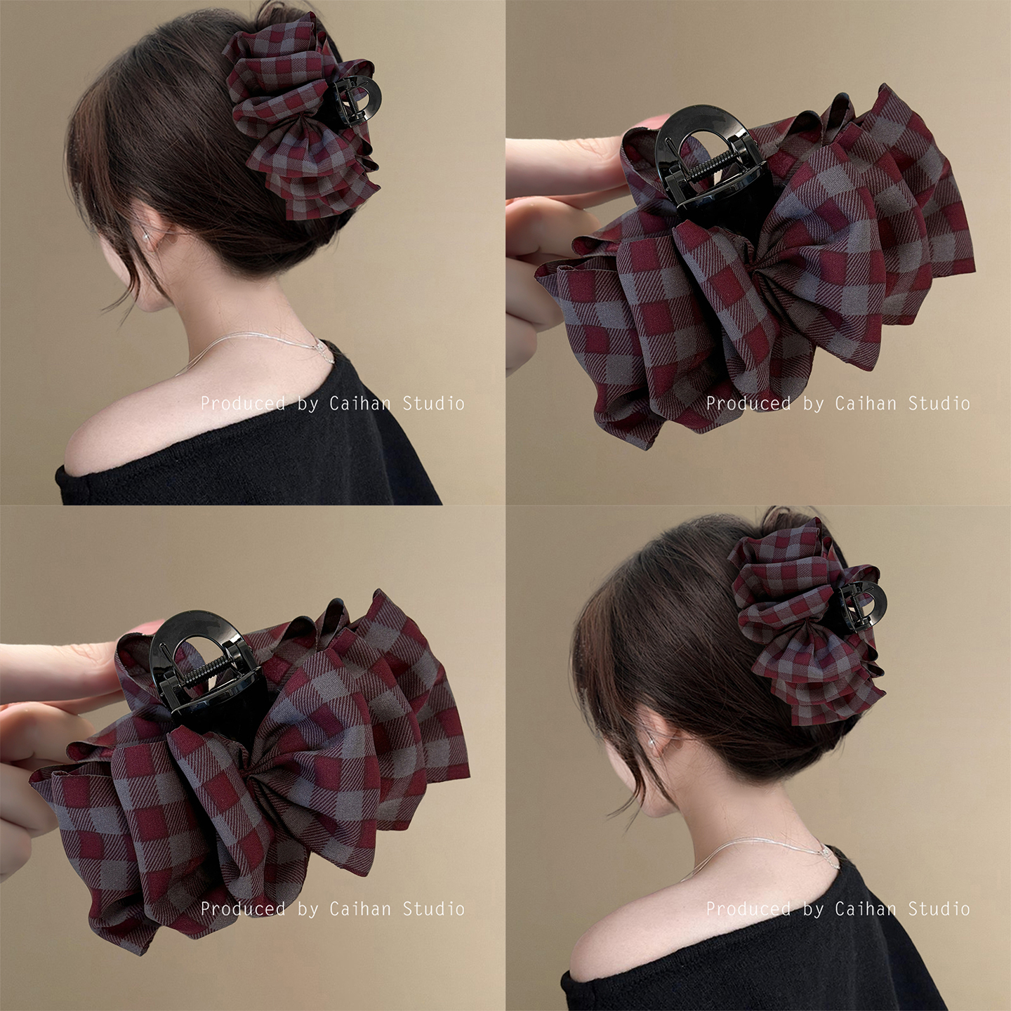 英格艺术生~复古红格纹抓夹女高级感韩系气质蝴蝶结鲨鱼夹盘发器