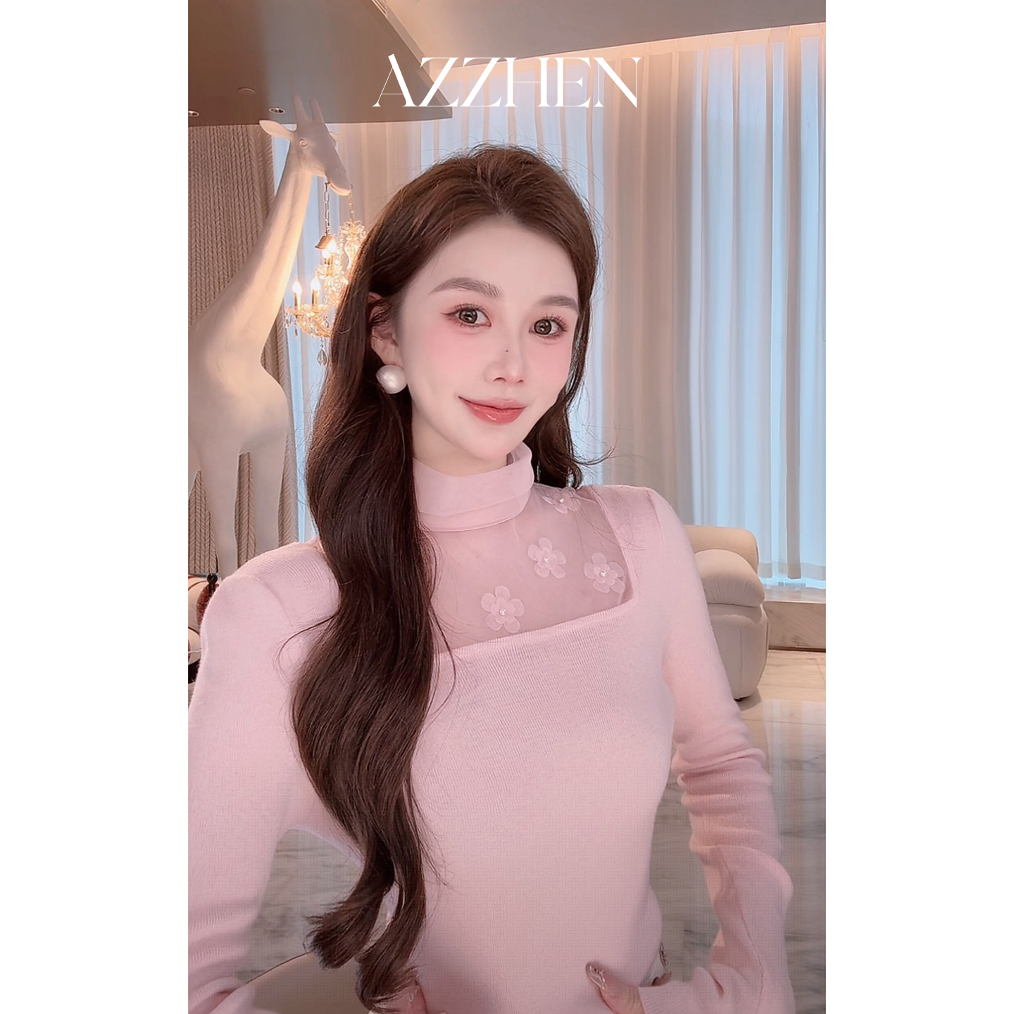 AZZHEN【花漾纱语】48%绵羊毛黄金混纺网纱花朵针织半高领打底衫