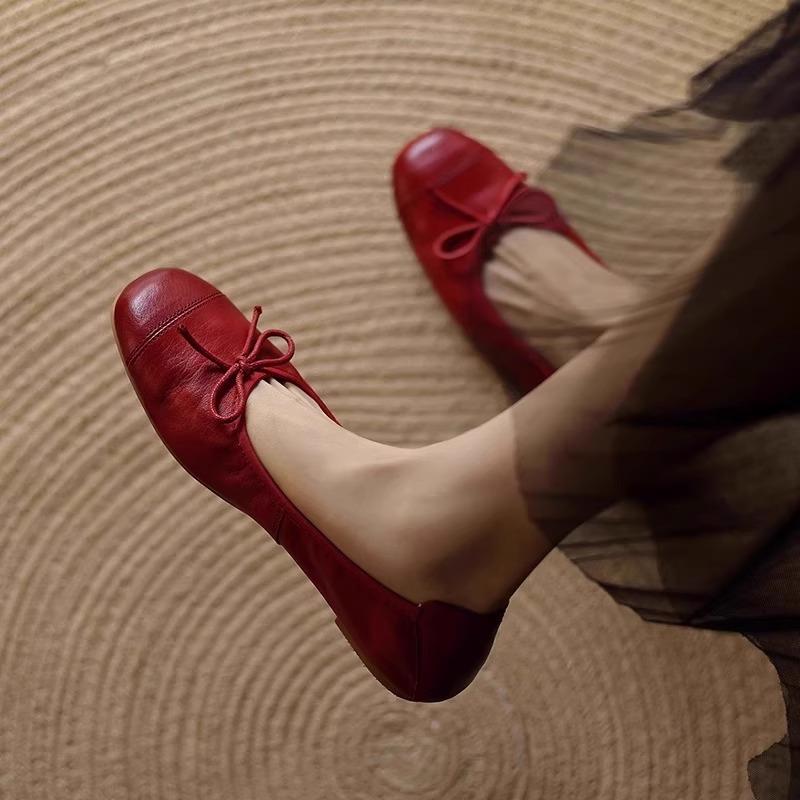 软羊皮手工女鞋春夏新款法式红色软底显瘦平底单鞋女豆豆鞋子