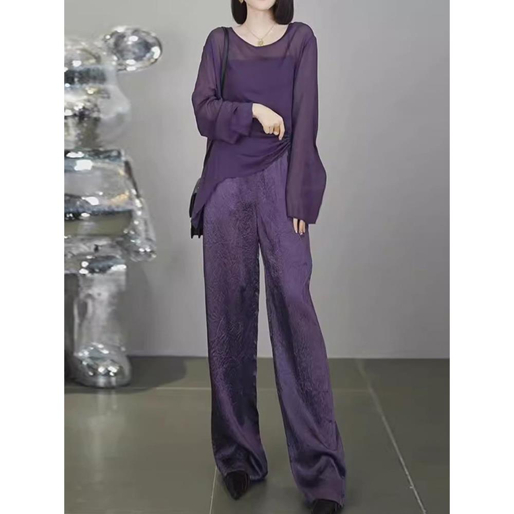 欧货高级感紫色时尚套装女装夏季防晒气质穿搭薄款洋气长袖三件套