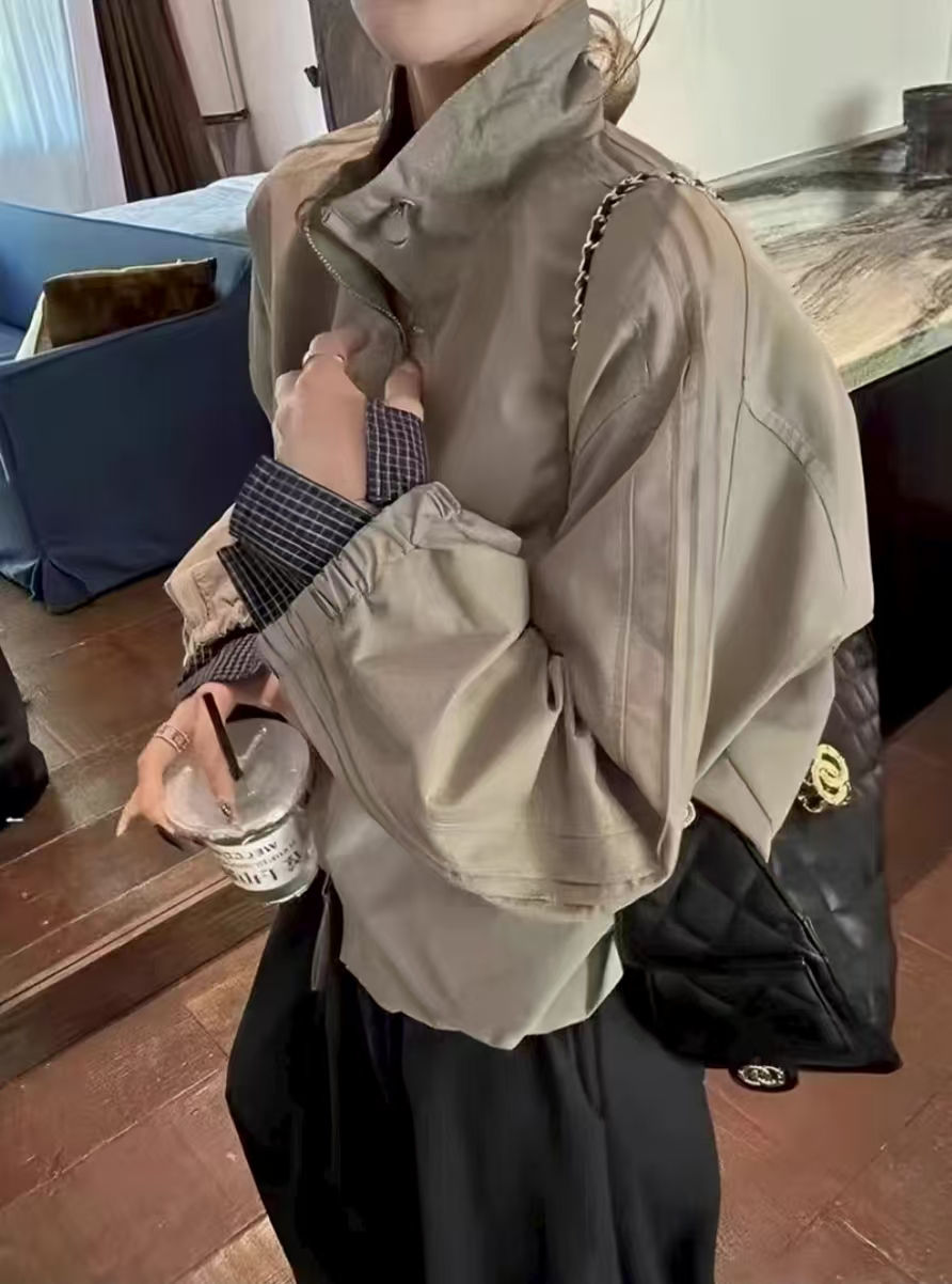 欧洲立领格子拼接棒球服短外套女2025秋季新款时尚百搭上衣193