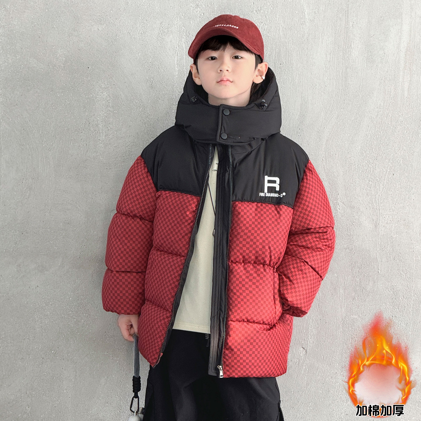 儿童装男童冬季加厚过年棉服2025新款中大童男孩小格子棉衣潮酷