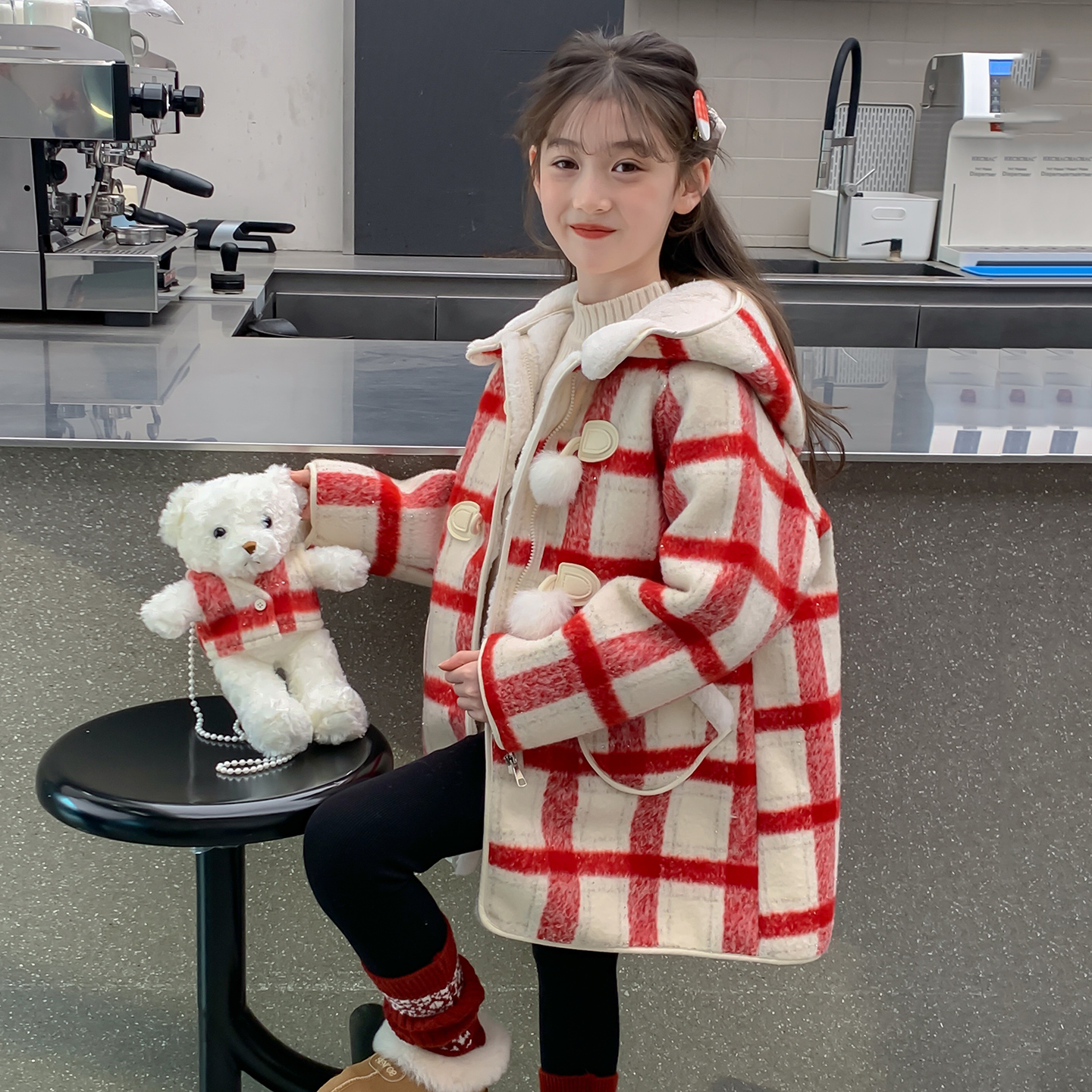 女童加绒格子毛呢子大衣外套秋冬季2025新款儿童新年大童衣服
