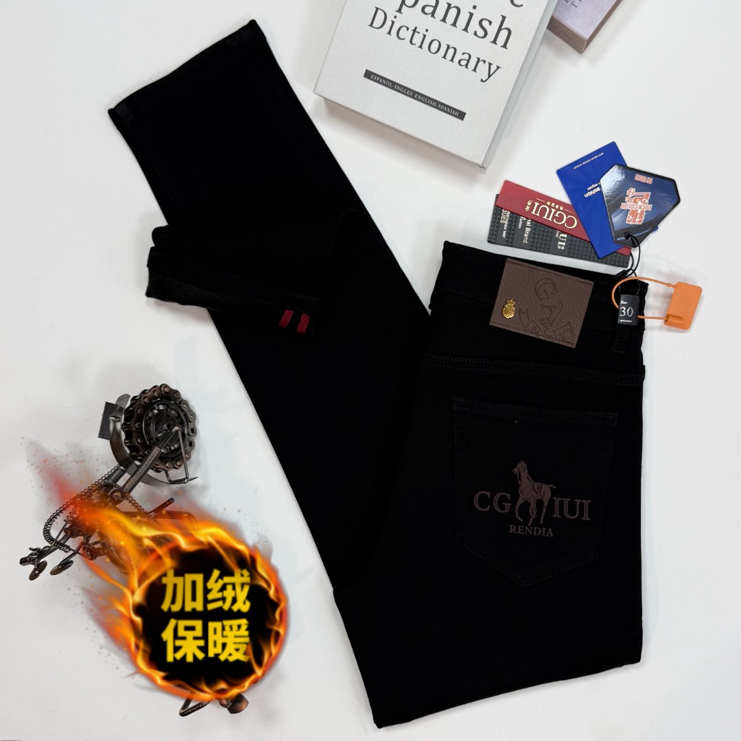 2025男士冬季加绒保暖升级黑色不掉色弹力修身小直筒美式牛仔裤