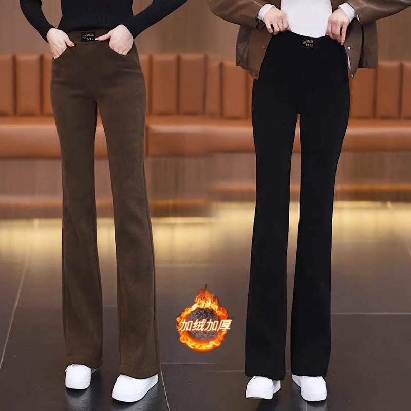 冬季加绒加厚休闲微喇裤女2025新款灯芯绒松紧高腰百搭显瘦喇叭裤