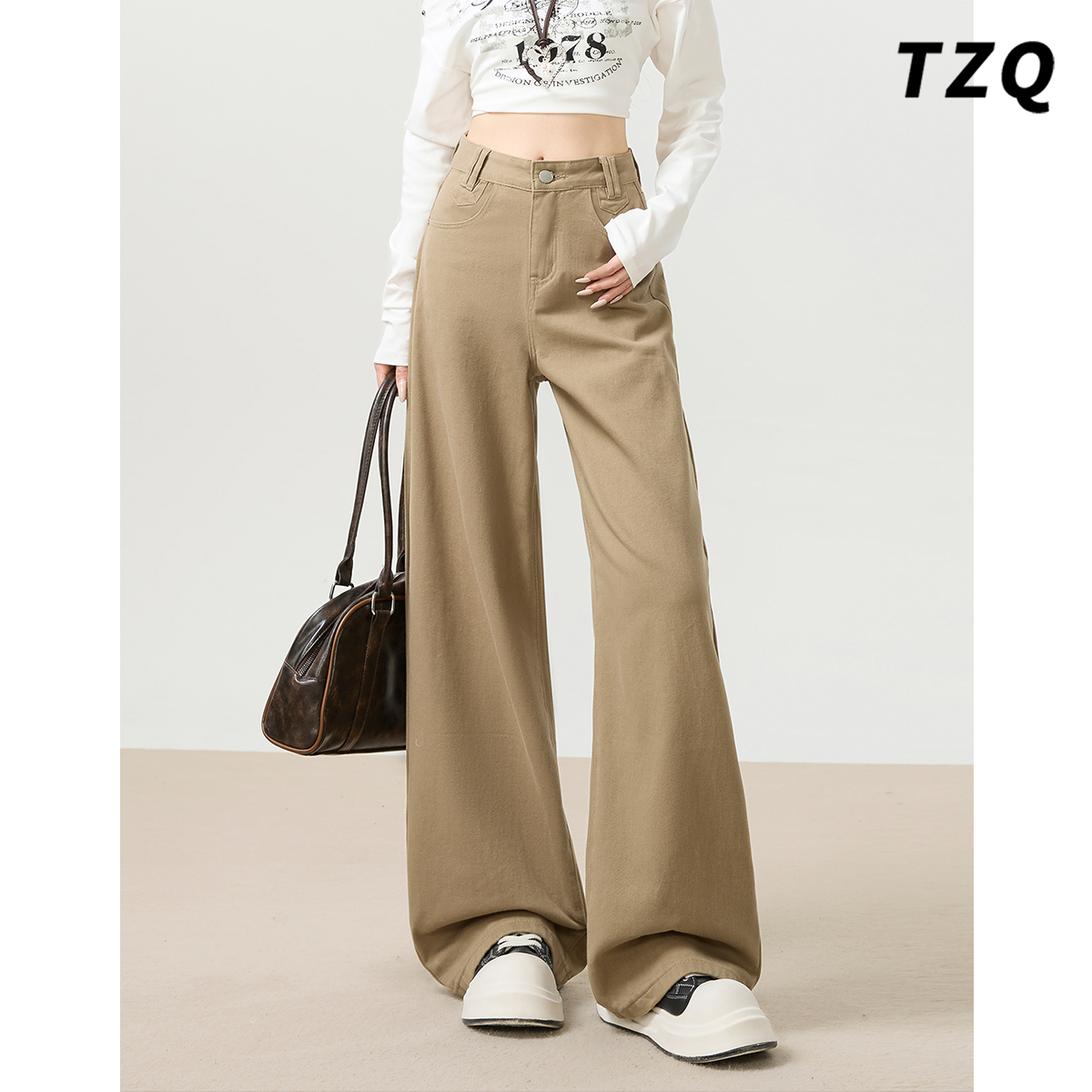 卡其色高腰阔腿牛仔裤女2025秋季新款垂感宽松直筒裤子TZQ2590345