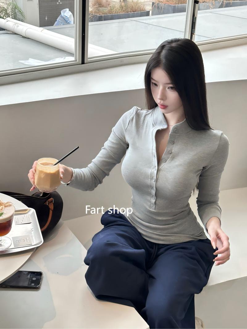 【Fart Shop】大克重松弛亨利衫 系扣螺纹长袖T修身打底衫上衣女