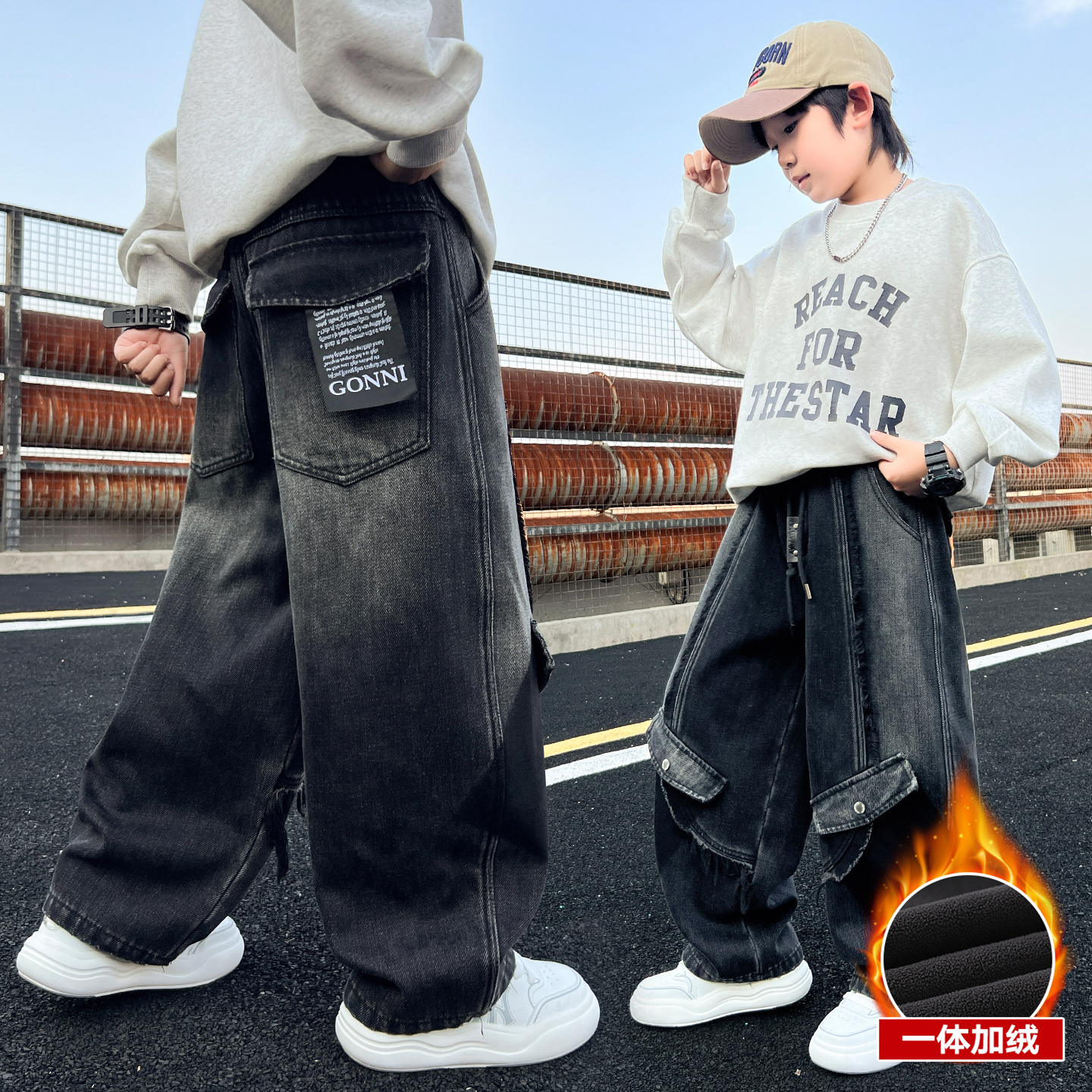 2025中大童男童冬季加绒裤子加厚一体绒时尚保暖发热舒适休闲裤