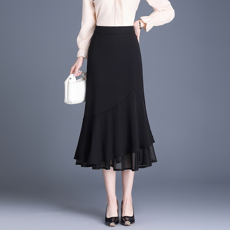 秋季收腰遮肚鱼尾包臀裙网纱边拼接大摆高腰显瘦春夏冰凉丝半身裙
