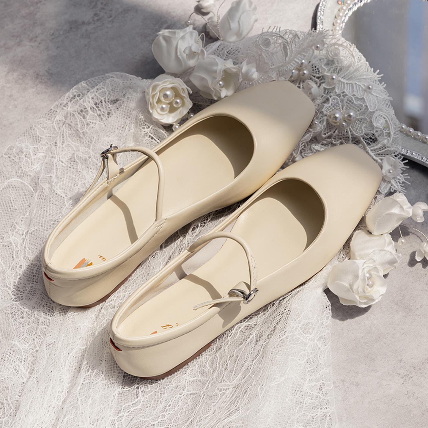 GHGB●大尺码里外全羊皮方头浅口玛丽珍单鞋女淑女文艺风