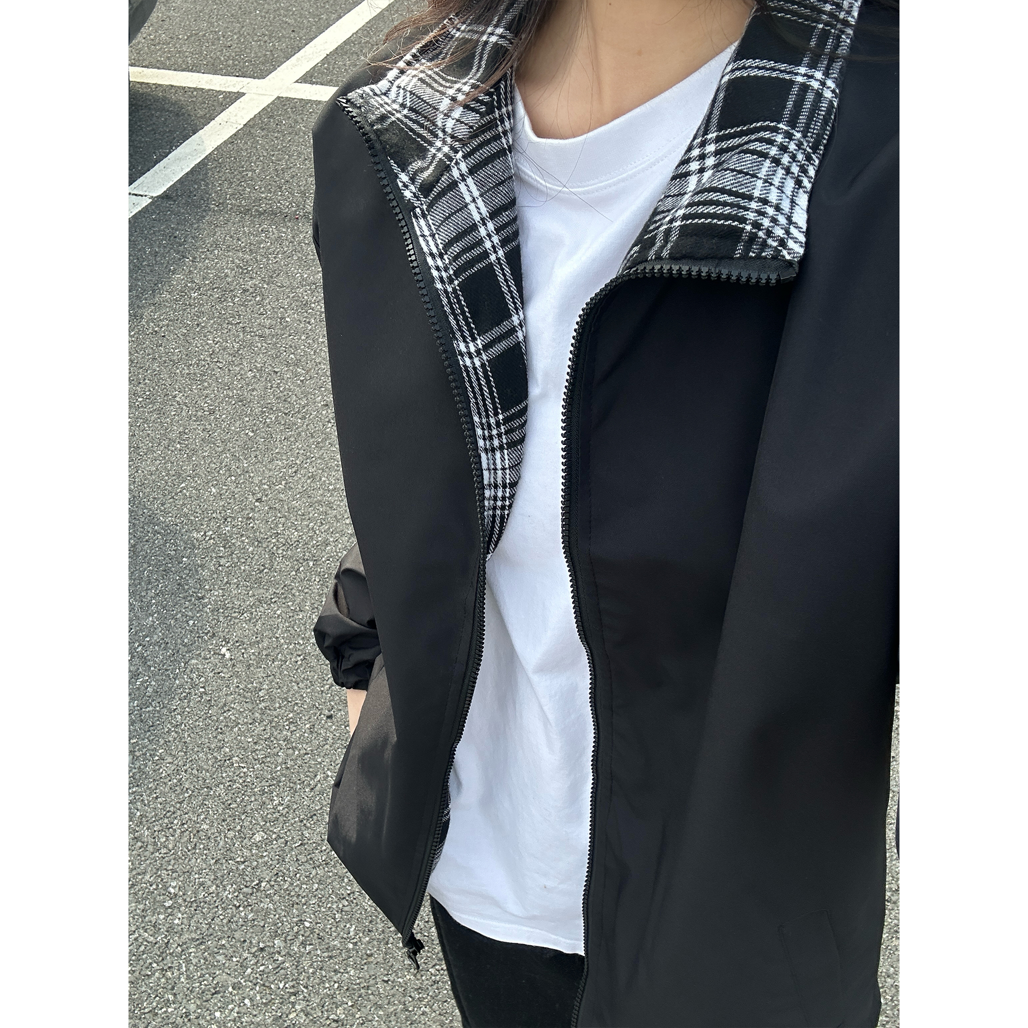 美式复古格子拼接夹克男春秋款痞帅高级感翻领外套情侣棒球服