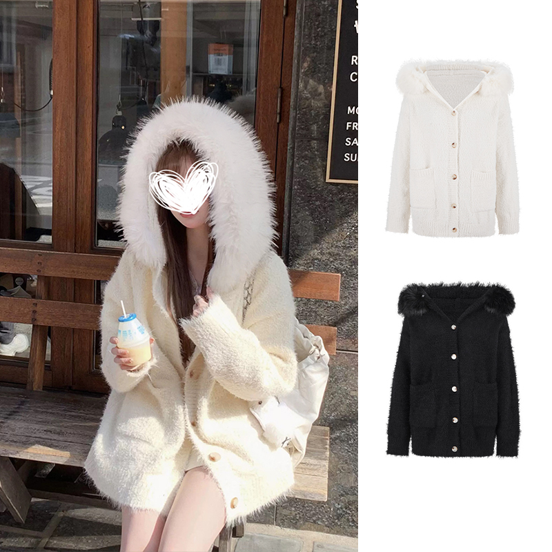 Moses Queen/魔西女王纯欲大毛领连帽宽松毛衣外套软糯针织上衣