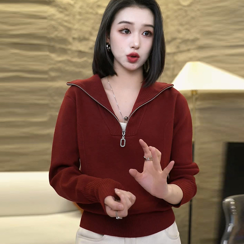 设计感翻领针织衫毛衣女2025年秋冬新款时尚气质减龄半拉链上衣潮