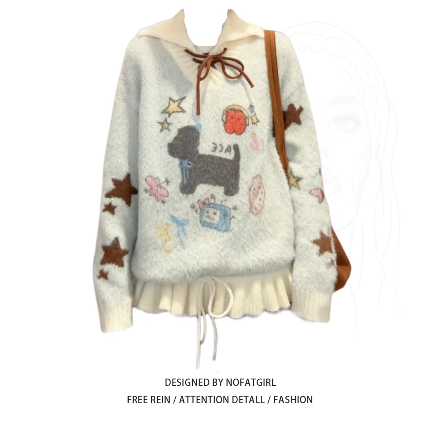 大码胖MM美式卡通小狗印花毛衣女秋冬季2025新款宽松长袖针织上衣