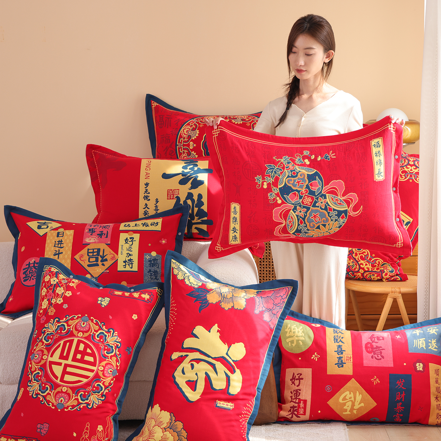 按扣喜庆大红纯棉纱布枕套一对装四季新年款防滑不脱落全棉枕头套