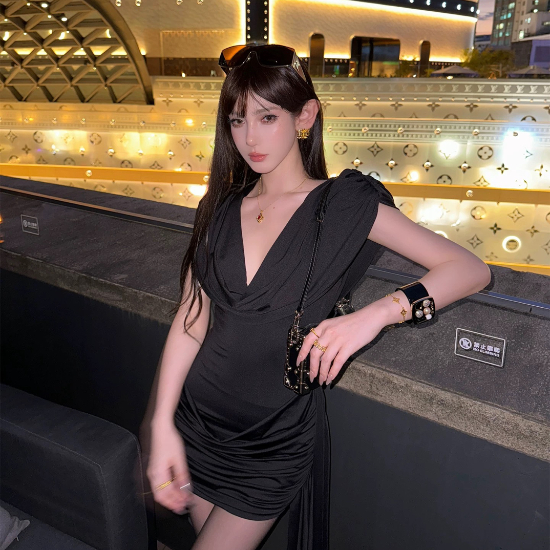 ChiclyNana 欧美风女装2025时尚性感荡领露背无袖飘带包臀连衣裙