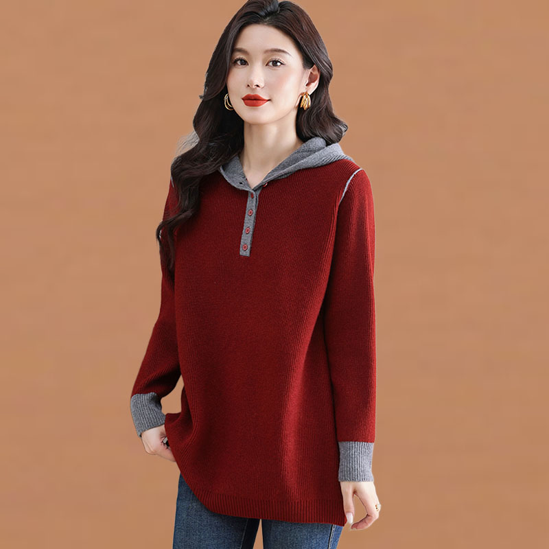 撞色连帽针织衫女中长款遮屁股秋冬2025新款宽松毛衣打底上衣内搭